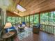 Relaxing screened porch with wood ceiling, skylights, and comfortable seating, perfect for enjoying the outdoors at 204 Highlands Lake Dr. Dr, Cary, NC 27518