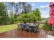 Enjoy outdoor dining on the wooden deck, surrounded by lush greenery, perfect for relaxation and entertaining at 449 Sandy Whispers Pl, Cary, NC 27519