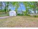 Exterior shot of a detached garage surrounded by greenery and mature trees in the backyard at 605 Dunbar St, Durham, NC 27701