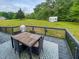 Relaxing backyard deck and backyard featuring a well-manicured lawn and a shed at 112 Tillburg Ln, Hurdle Mills, NC 27541