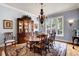 Formal dining room with hardwood floors, chandelier, and large windows at 1605 Hunting Ridge Rd, Raleigh, NC 27615