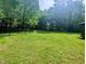 Large, green backyard surrounded by trees and a black metal fence at 2100 Possum Trot Rd, Wake Forest, NC 27587