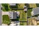 Aerial view of backyard highlighting the fenced yard, patio and storage building at 2503 Macdougall Dr, Burlington, NC 27217