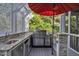 Stainless steel outdoor kitchen features a granite countertop, mini fridge, grill, sink and ample preparation space at 2723 Cameron Pond Dr, Cary, NC 27519