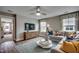 Cozy living space with a sectional sofa, TV, and blue patterned rug at 3004 Dog Rose Dr # 309, Durham, NC 27703