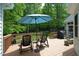 Outdoor seating area on a wooden deck with chairs and umbrella at 320 Delvin Lane Ln, Hillsborough, NC 27278
