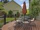 This deck features a metal table and chairs and an umbrella for shade on sunny days at 3315 Denada Path, Durham, NC 27707