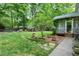 Lush backyard with well-manicured lawn, garden area, and a screened-in porch at 5112 Wolcott Ct, Fuquay Varina, NC 27526