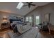 Bright main bedroom with a skylight, a vaulted ceiling, a sitting area and a doorway to the outside deck at 754 Epps Clark Rd, Siler City, NC 27344