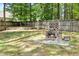 Outdoor brick fire pit surrounded by trees and grass in backyard of home at 8300 Neuse Hunter Dr, Raleigh, NC 27616