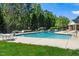 Community pool with tables, chairs, and green space surrounding it, perfect for relaxing and socializing at 8300 Neuse Hunter Dr, Raleigh, NC 27616