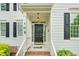 Front door of a house, showing the entrance with brick steps, a black door, and white railings at 105 Parkmount Cir, Cary, NC 27519