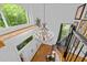 Bright foyer featuring a chandelier and staircase, and a view of the front door and landscaping at 106 Birkhaven Dr, Cary, NC 27518