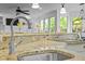 Close-up of a kitchen sink with granite countertops, a view of backyard greenery, and stainless faucet at 106 Birkhaven Dr, Cary, NC 27518