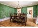 Elegant dining room featuring unique wallpaper and hardwood floors, ideal for hosting dinner parties at 220 Glandon Dr, Chapel Hill, NC 27514