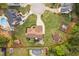 Overhead aerial shot of the home's backyard featuring a pool, multiple outbuildings, and verdant landscaping at 48 Falling Oak Ct, Clayton, NC 27520