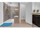 Bathroom features glass enclosed shower, vanity, tile floors, and toilet at 5004 Clowser Minnow Ct, Wake Forest, NC 27587