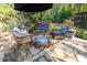 Outdoor patio area with a seating area featuring wicker furniture and a dining table, surrounded by lush greenery at 5129 Bartons Enclave Ln, Raleigh, NC 27613