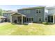 Expansive backyard featuring a screened porch, lush lawn and attractive blue home exterior at 608 Cormiche Ln, Wake Forest, NC 27587
