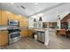 Community kitchen with stainless steel appliances, light wood cabinets, and an open floor plan at 618 N Boylan Ave # 400, Raleigh, NC 27603