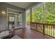 Relaxing covered outdoor deck with seating, wooden floors, and railing overlooking a lush, wooded backyard at 1620 Hasentree Villa Ln, Wake Forest, NC 27587