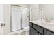Bathroom featuring a shower with sliding glass doors, vanity and toilet at 2008 Campana Dr, Raleigh, NC 27603