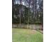Grassy backyard with a wooden fence, offering a private outdoor space surrounded by mature trees at 282 W Thicket Dr, Angier, NC 27501