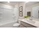 Bathroom featuring a bathtub, shower, toilet and vanity with framed art at 681 Beacon Hill Rd # 38, Lillington, NC 27546