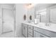 Bathroom with double vanity sinks, gray cabinets, and tile flooring at 1009 Haynoke Dr, Graham, NC 27253