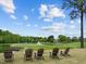 Picturesque golf course view with Adirondack chairs overlooking the green at 10410 Rosegate Ct, Raleigh, NC 27617