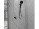 This shower features black fixtures, a rain-style shower head, and beautiful tile at 200 Broadleaf Ln, Youngsville, NC 27596