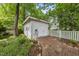 Detached garage with brick pathway and garden area provides extra storage space and complements the landscaped yard at 223 Hawthorne Rd, Raleigh, NC 27605