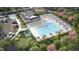 Aerial view of community pool, clubhouse, parking lot, and playground at 225 Sprenger St, Garner, NC 27529