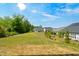 Beautiful backyard view features lush green lawn, mature trees, and a patio area at 3510 Tuftonboro Ln, Apex, NC 27502