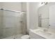 Bathroom with glass shower, light tile and single vanity at 3510 Tuftonboro Ln, Apex, NC 27502