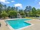 Community pool with lifeguard chairs in place for the summer season with trees in the background at 4969 Royal Adelaide Way, Raleigh, NC 27604