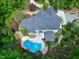 Aerial view showcases a backyard with a pool, well-maintained landscaping, and inviting patio space at 754 Olde Thompson Creek Ct Rd, Apex, NC 27523