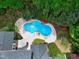 Aerial view of home, in-ground pool, patio set, hammock, and lush backyard landscaping at 754 Olde Thompson Creek Ct Rd, Apex, NC 27523