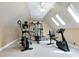 A home gym with exercise equipment, skylights and a ceiling fan for ventilation at 754 Olde Thompson Creek Ct Rd, Apex, NC 27523