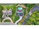 Overhead view of the house showing pool, landscaping, driveway, and neighboring houses at 833 Dunleigh Dr, Burlington, NC 27215