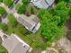 Aerial view of the home showing the backyard, covered patio, and lush landscaping at 104 Harvolly Dr, Holly Springs, NC 27540