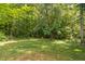 A spacious backyard features a manicured lawn and lush surrounding greenery at 104 Planetree Ln, Cary, NC 27511