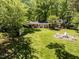 Aerial view of the backyard featuring a fire pit, shed, and green lawn at 107 Forest Rd, Oxford, NC 27565