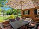 Backyard patio with a large table and seating, perfect for outdoor dining and entertaining under an umbrella at 107 Forest Rd, Oxford, NC 27565