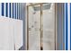 Clean shower featuring glass doors and striped wallpaper at 205 Buncombe St, Raleigh, NC 27609