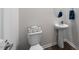 Small half bath with pedestal sink and toilet at 2415 Ivy Knoll Dr, Mebane, NC 27302