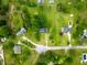 A neighborhood aerial view shows houses with green lawns and mature trees in a lush community setting at 3004 Red Cir, Willow Springs, NC 27592