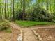 Backyard path forks in two directions, winding through a garden with lush greenery and mature trees at 406 Bakewell Ct, Wake Forest, NC 27587