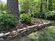Beautiful landscaping features a stone-lined flower bed with lush greenery, nestled beside a mature tree at 406 Bakewell Ct, Wake Forest, NC 27587