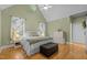 Spacious main bedroom with ensuite bathroom, large windows, and modern decor, including vaulted ceiling at 406 Bakewell Ct, Wake Forest, NC 27587